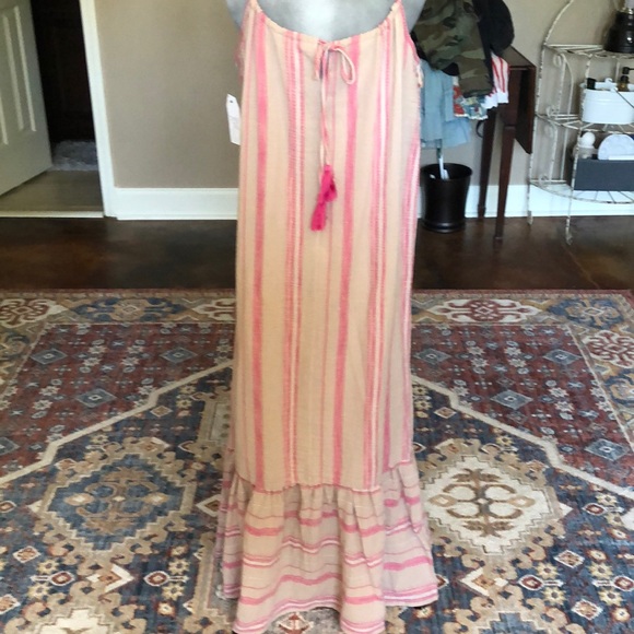 Unworn summer dress in tan with hot pink stripes. - Picture 3 of 3